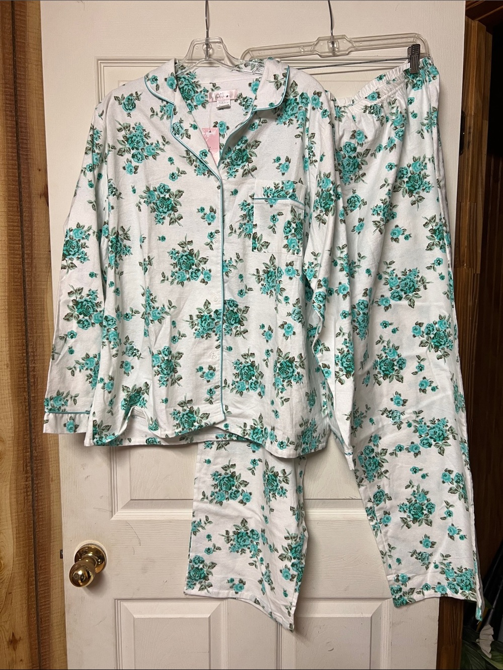 Womens Floral Cotton Pajama Set - White with Teal Roses